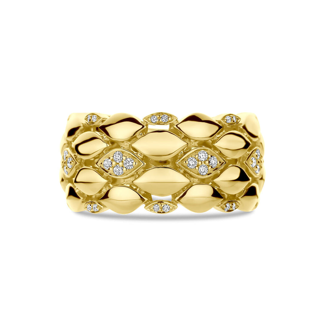 Deze Van der Kooij Collectie ring in 14K geelgoud heeft een breed rasterontwerp versierd met markiesvormige diamanten accenten (0,17ct H SI) voor een kenmerkende, elegante look.