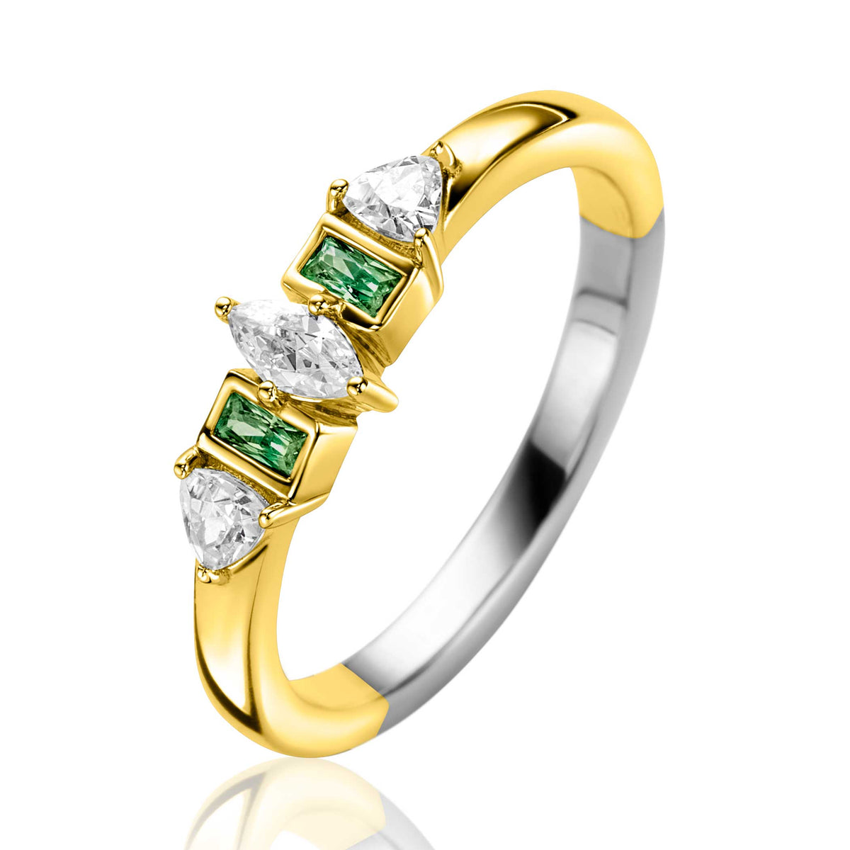 Ring aus Silber mit drei Steinen, zwei weißen und einem grünen, in goldfarbener Fassung