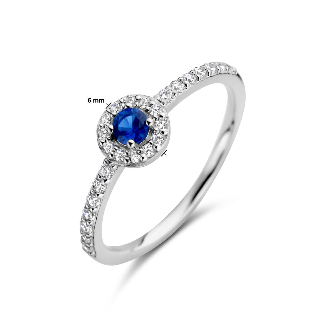 Ring-Synth. Saphir- und Zirkonia-Halo-Silber rhodiniert
