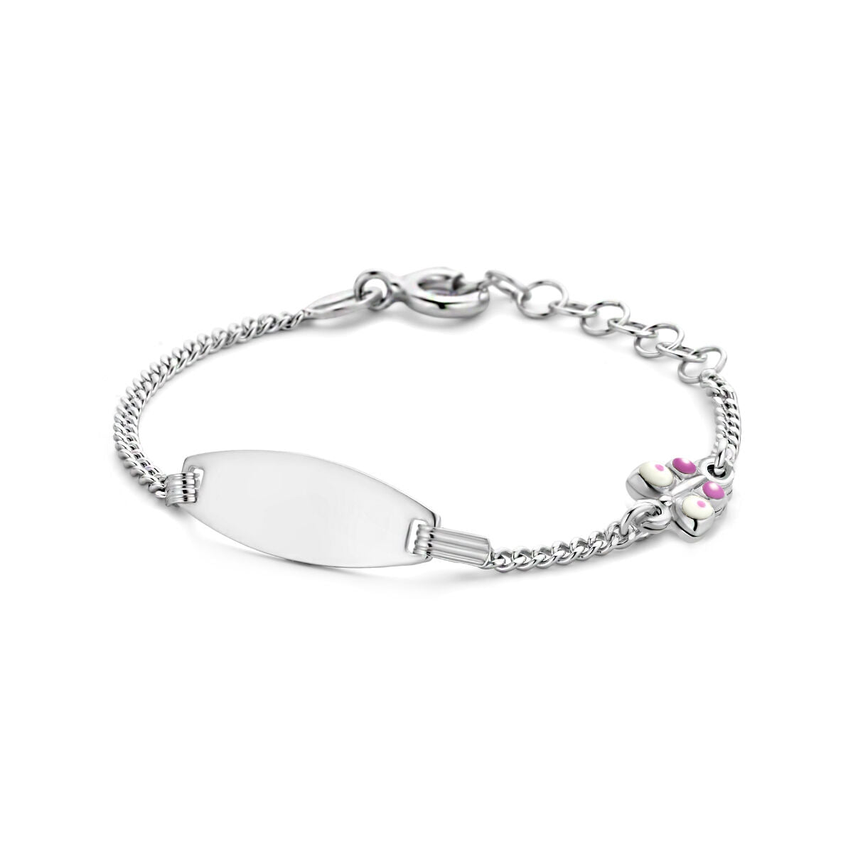 Graveerarmband aus rhodiniertem Silber mit ovaler Platte und buntem Schmetterling.