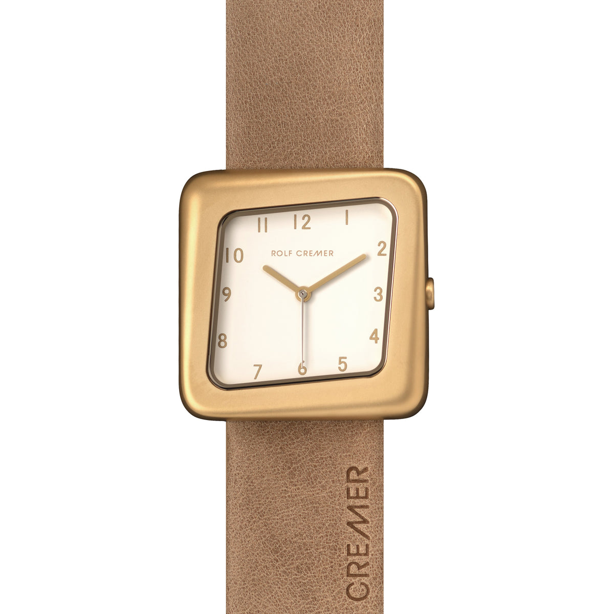 Quadratische Uhr mit goldenem Gehäuse, weißem Zifferblatt und braunem Lederarmband