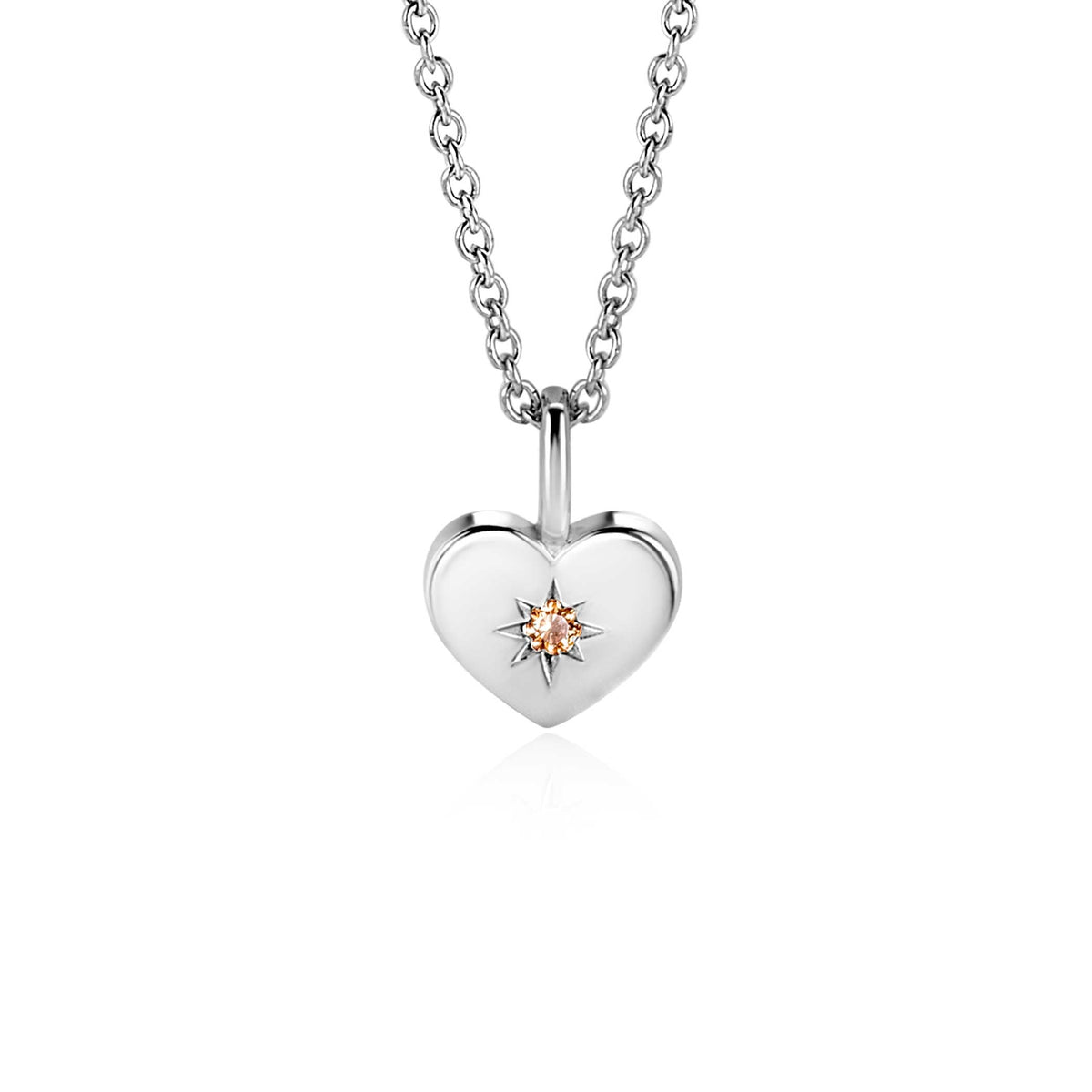 Herzanhänger aus Silber mit einem orangefarbenen Edelstein in der Mitte und einer feinen Kette