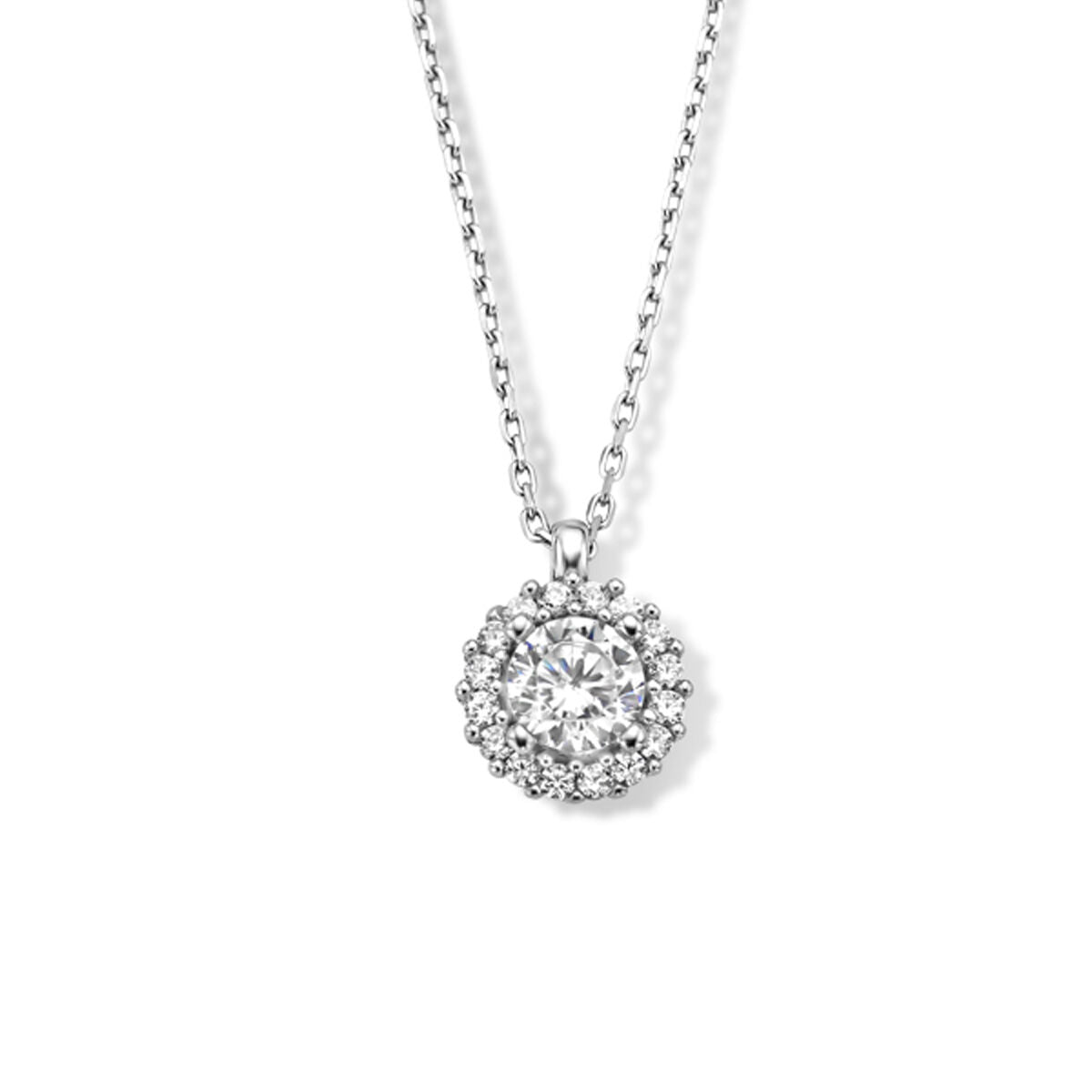 Halskette mit Zirkonia, 41 + 4 cm lang, rhodiniertes Silber, runder Anhänger mit Halo-Design
