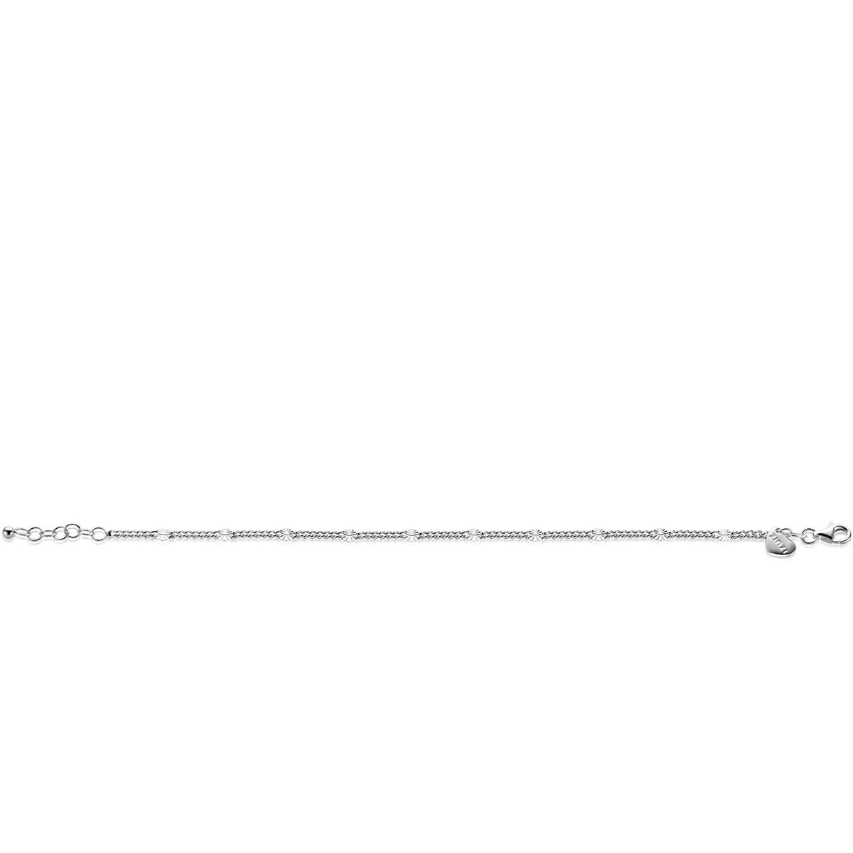 De Zinzi Armband zilver ZIA2713 van Zinzi is een delicaat zilveren gourmet schakelarmbandje met een klein rond bedeltje en karabijnsluiting, afgebeeld op een effen witte achtergrond.