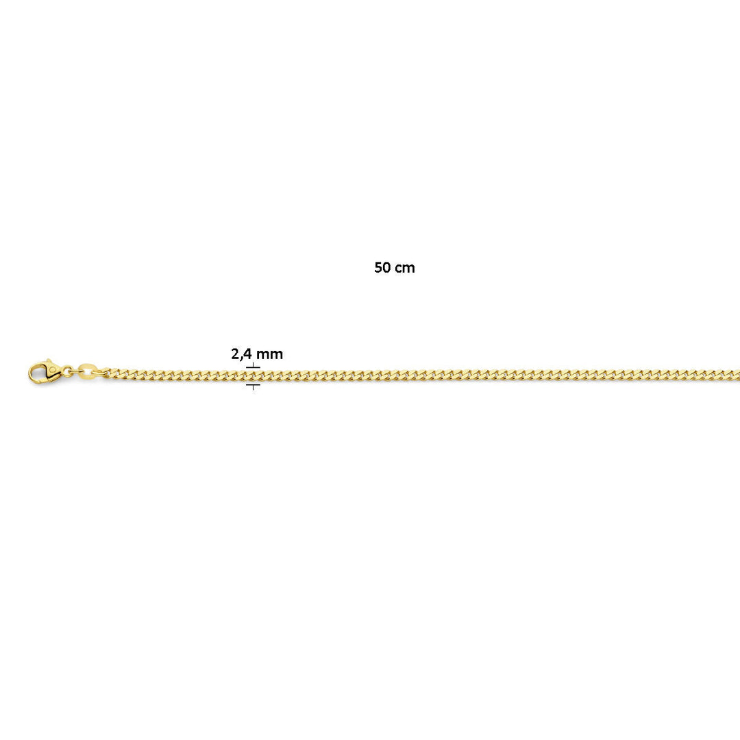 Van der Kooij Collectie gourmette 4-zijdes geslepen heren ketting, massief 14K geelgoud, 50 cm lang en 2,4 mm breed; horizontaal afgebeeld met de sluiting links.