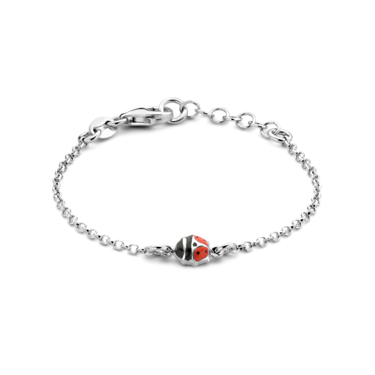 Armband aus rhodiniertem Silber mit einem roten Marienkäfer-Anhänger und feinen Gliederketten.