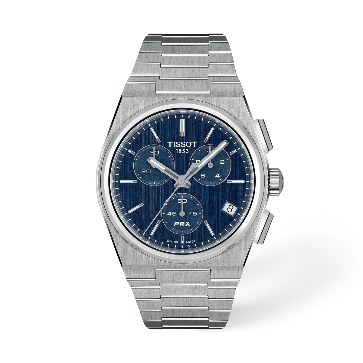 Herrenarmbanduhr mit silbernem Gehäuse, blauem Zifferblatt und Edelstahl-Mesh-Armband