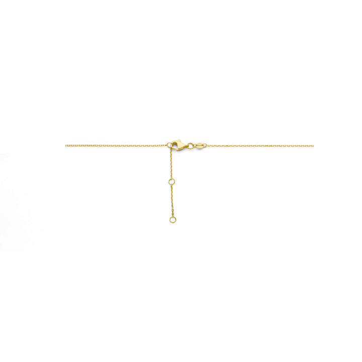 De Van der Kooij Collectie Gouden dames ketting hartjes 14K is een delicaat gouden collier met hartjesbedels, verstelbaar via een verlengstuk met twee lussen en een karabijnsluiting, afgebeeld op een effen witte ondergrond.