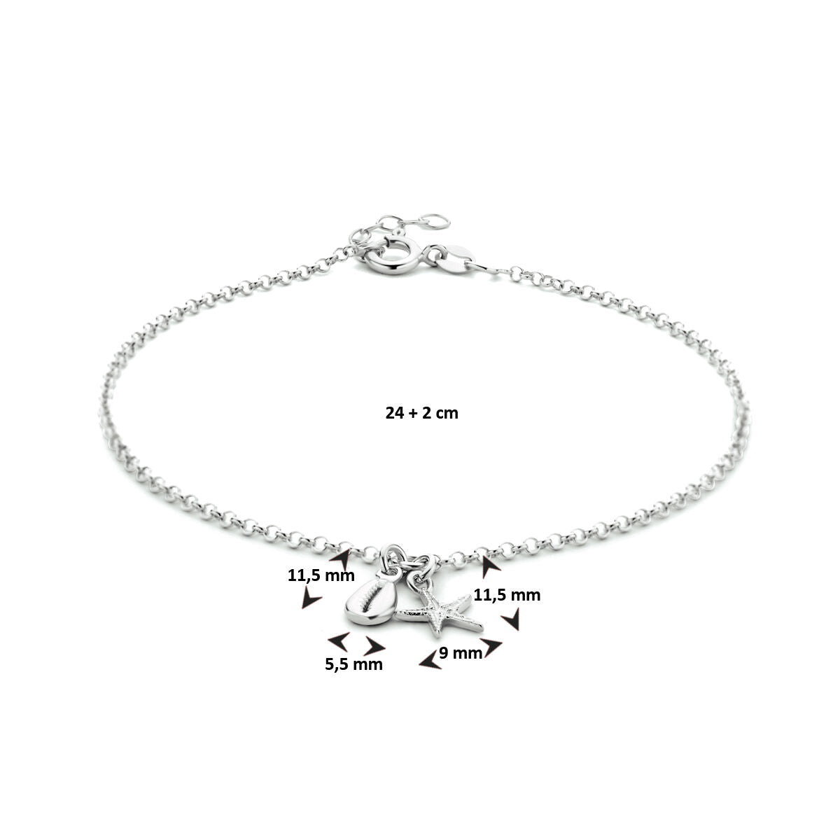 Fußkettchen Muschel und Seestern 24 + 2 cm Silber rhodiniert