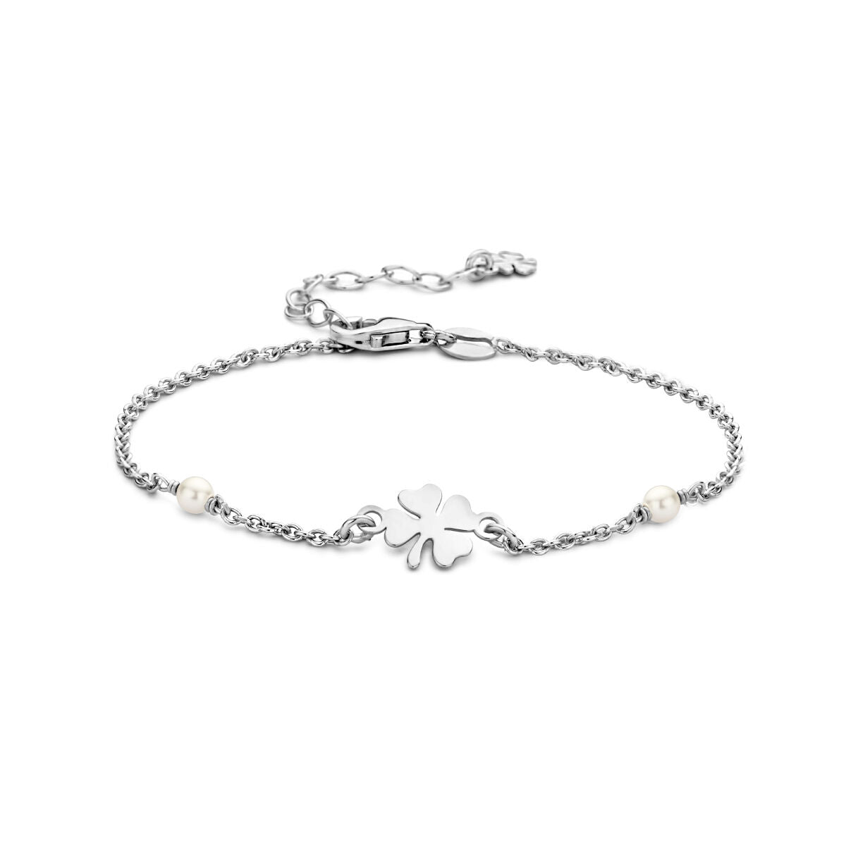 Armband aus rhodiniertem Silber mit synthetischen Perlen und einem vierblättrigen Kleeblatt-Motiv