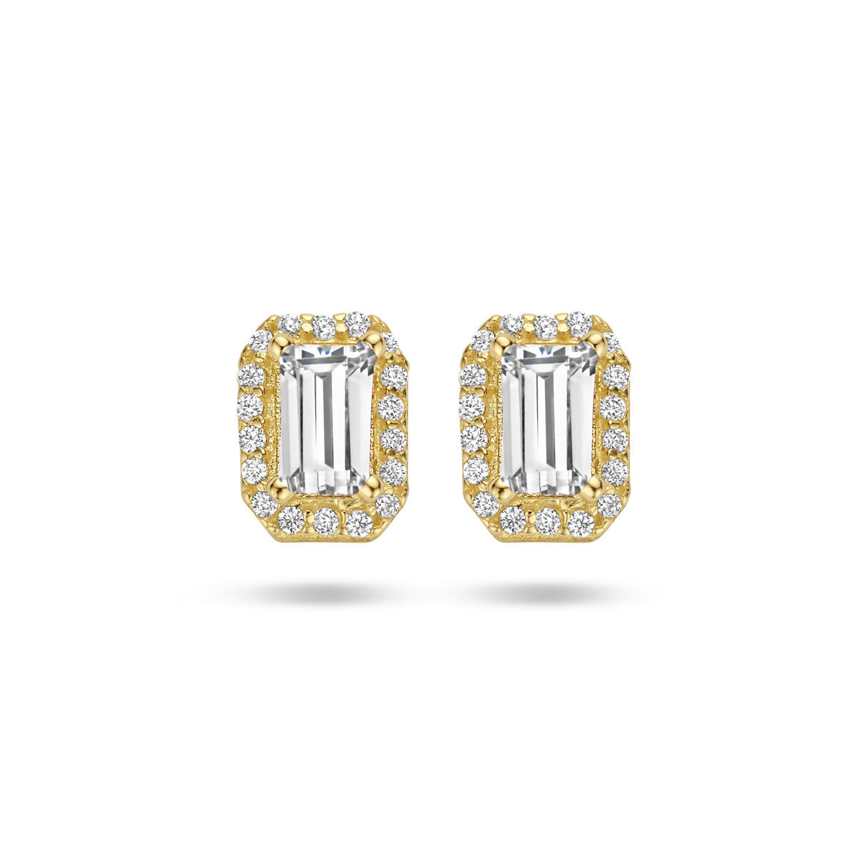 Ohrstecker aus 14K Gelbgold mit Zirkonia-Halo und rechteckigem Edelstein in der Mitte