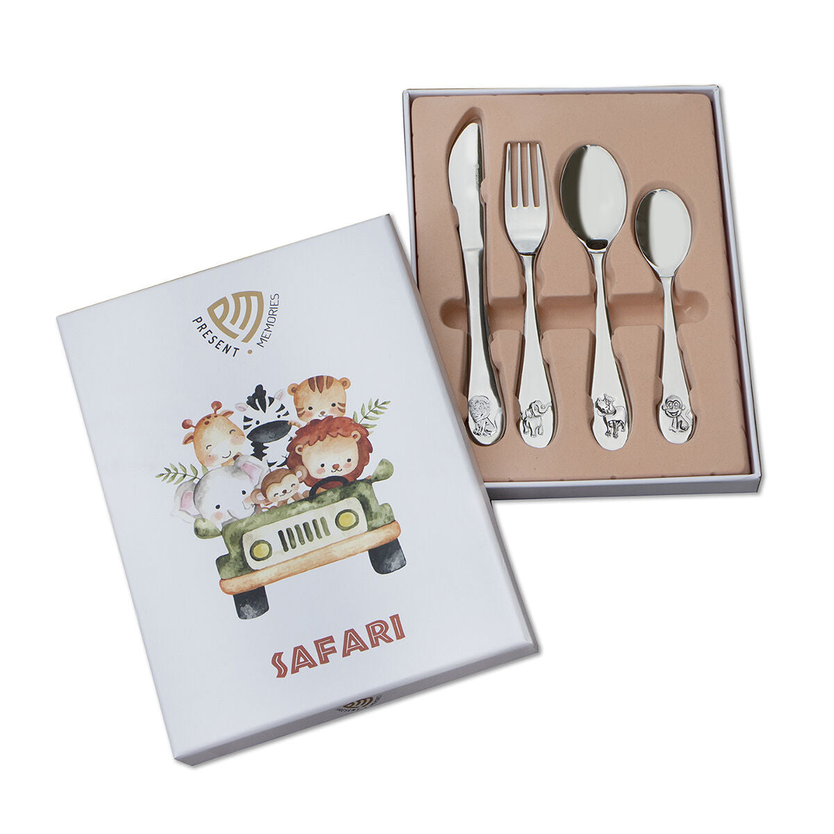 Kinderbesteck aus Edelstahl mit Safari-Motiv, bestehend aus Messer, Gabel, Löffel und Teelöffel