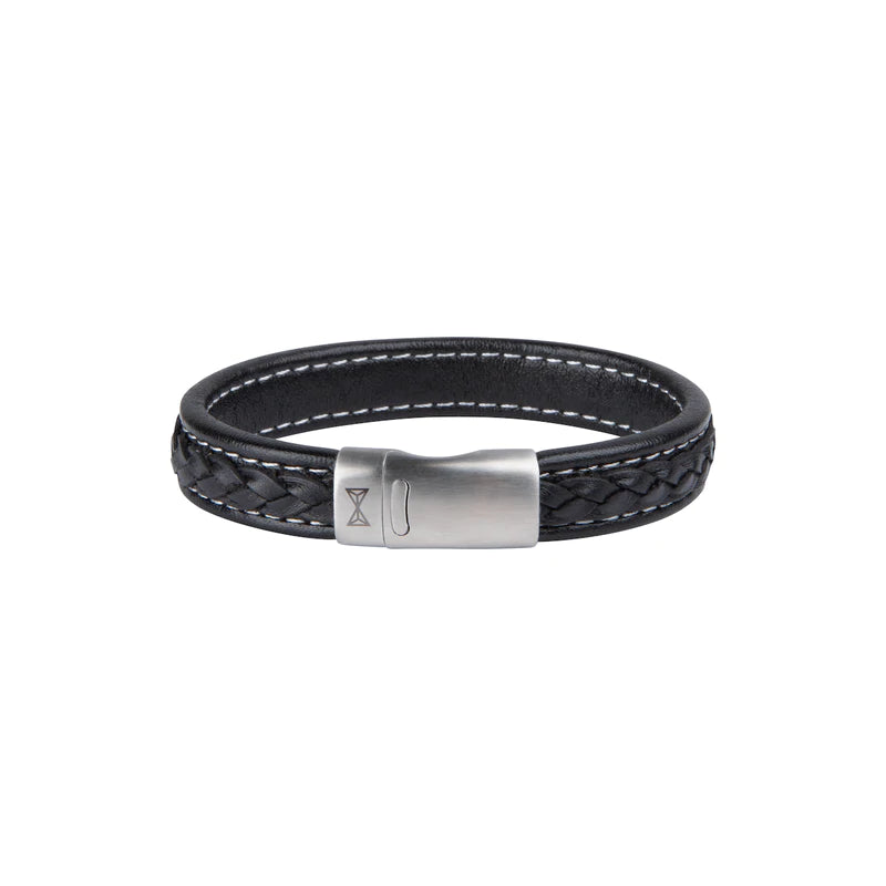 Schwarzes geflochtenes Armband aus Leder mit silberner Verschlussplatte