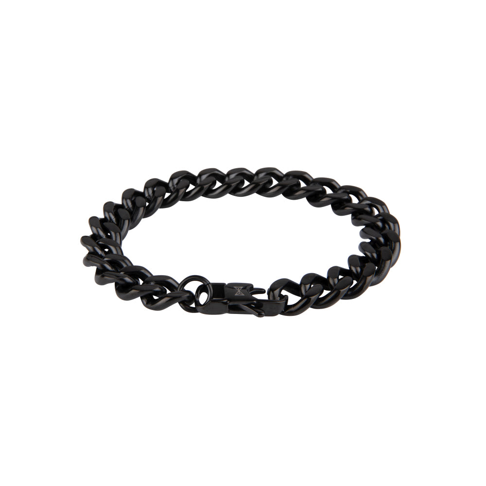 Schwarzes Gourmette-Armband aus flachem Metall mit glänzender Oberfläche und sicherem Verschluss