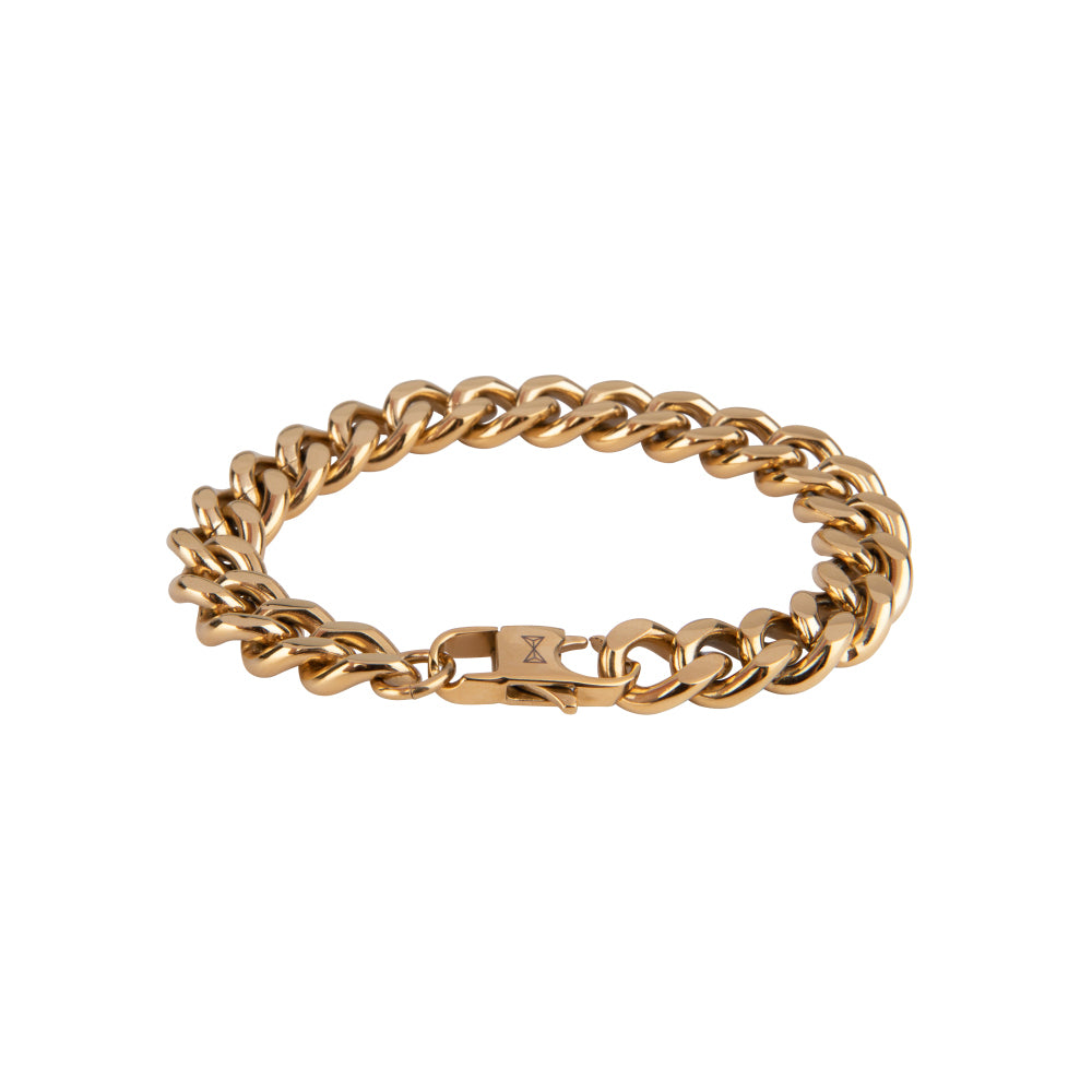 Armband aus goldfarbenem Metall mit flachen Gliedern und einem sicheren Verschluss