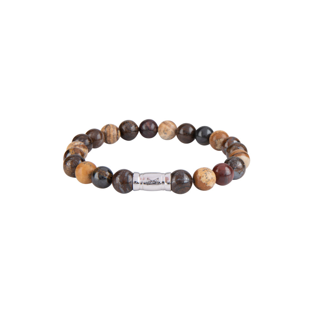 Herrenarmband aus 8 mm großen, mehrfarbigen Perlen mit silbernem Element in der Mitte