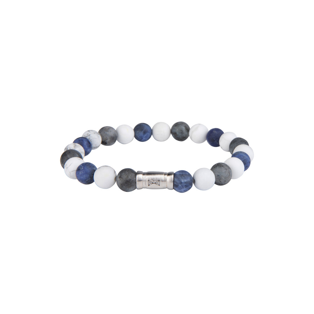Kugelkette mit 8 mm großen Perlen in Blau, Weiß und Grau sowie einem silbernen Element