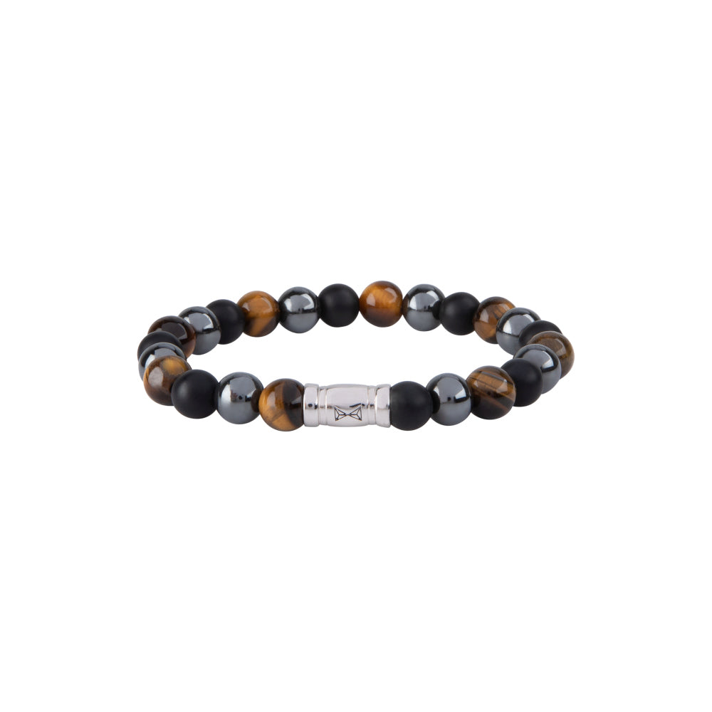 Herrenarmband aus 8 mm großen Perlen in Schwarz, Grau und Braun mit silbernem Element