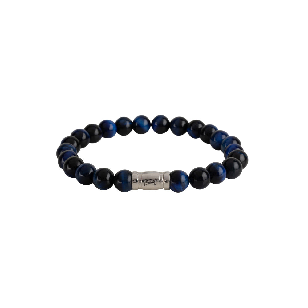 Herrenarmband aus 8 mm blauen und schwarzen Perlen mit silbernem Element in der Mitte