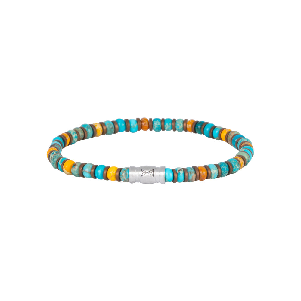 Armband aus bunten, runden Perlen in Türkis, Orange und Braun mit silbernem Verschluss