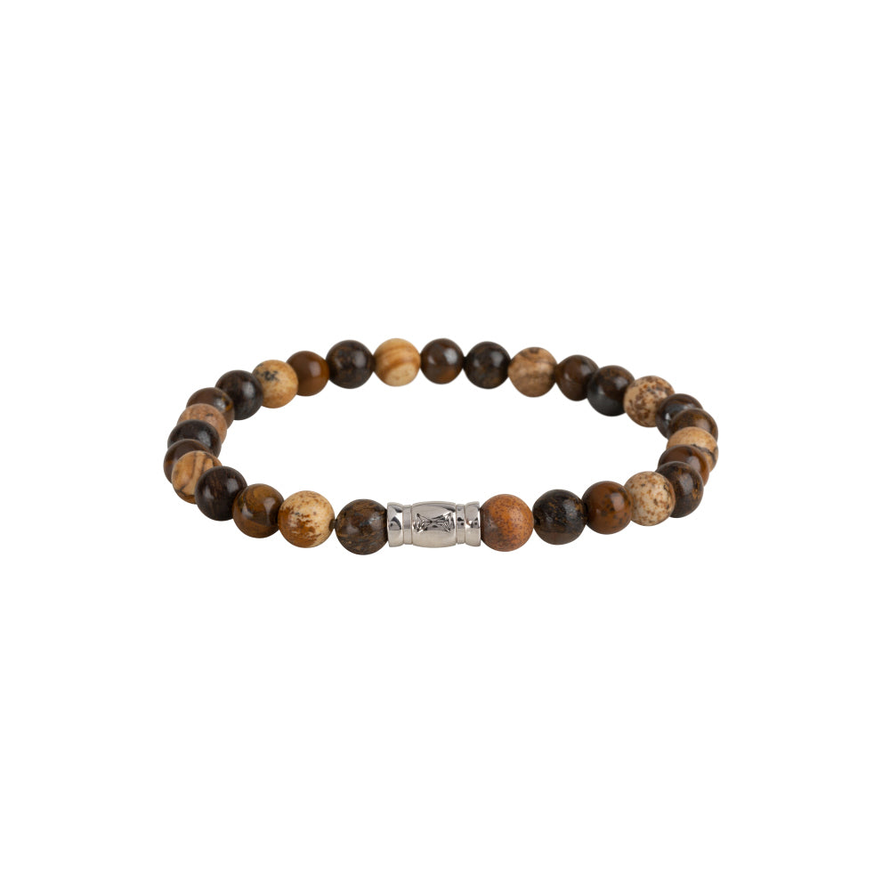 Kugelkette mit 6 mm großen braunen und beigen Perlen sowie einem silbernen Element