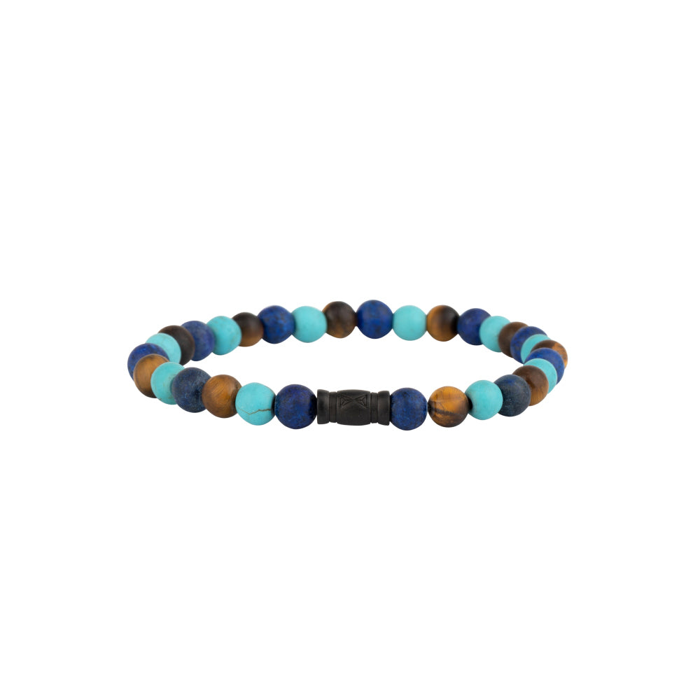 Herrenarmband aus 6 mm großen, bunten Perlen in Blau- und Erdtönen mit schwarzem Element