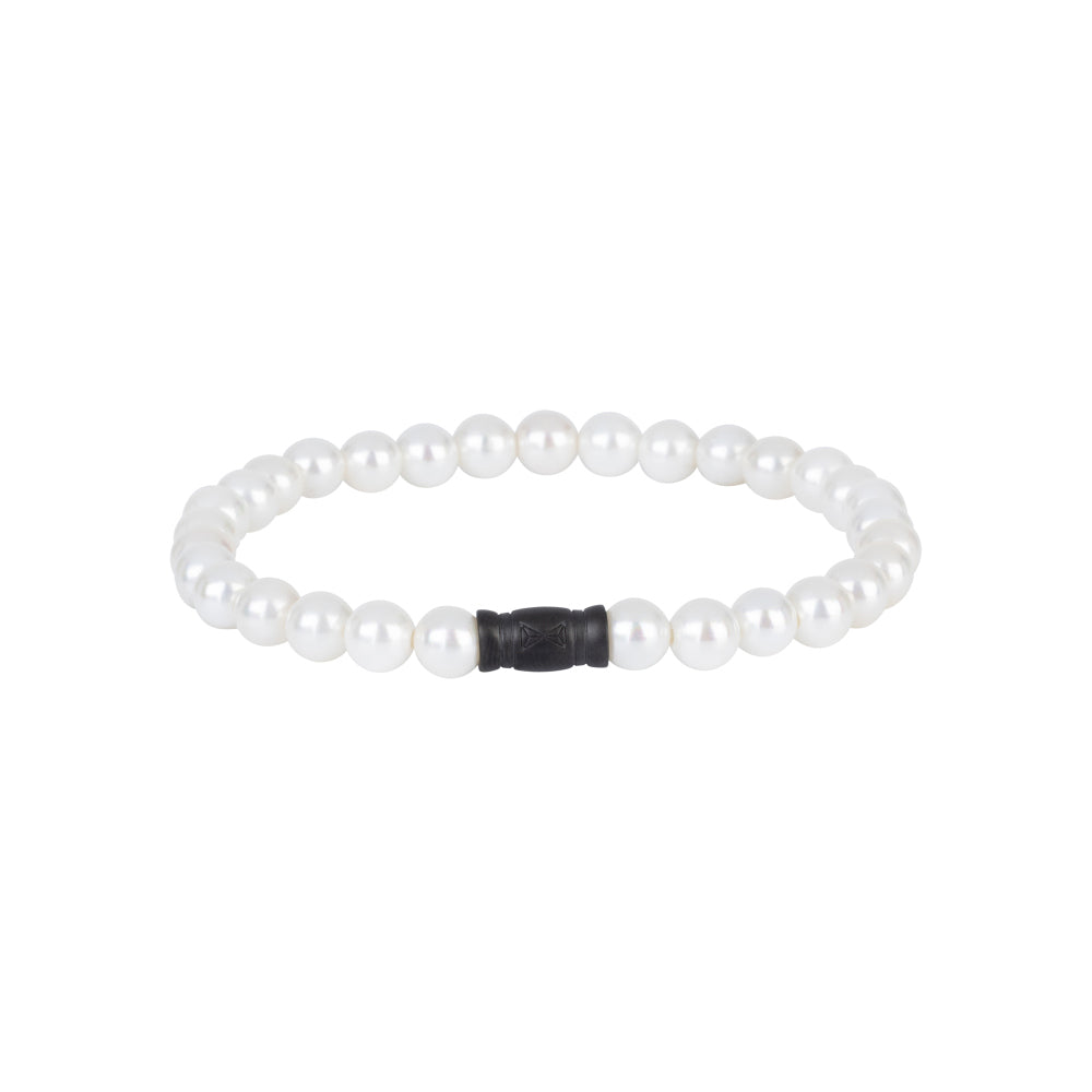 Perlenarmband mit 6 mm großen weißen Perlen und schwarzem Element in der Mitte