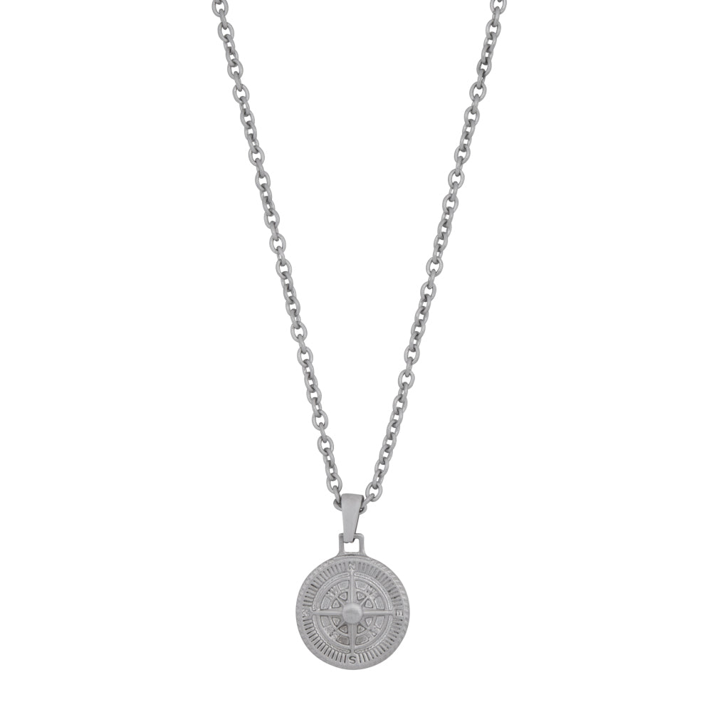 Herren Halskette aus Silber mit runder Medaille und detailliertem Kompassdesign