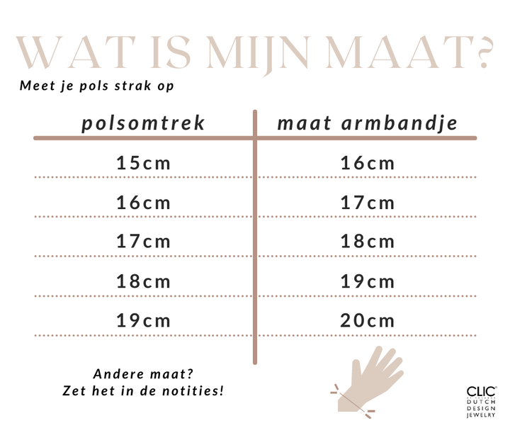 De Wat is mijn maat?-tabel koppelt polsmaten (15-20 cm) aan armbandmaten, ideaal om cadeau te doen aan de Thinking of You armband Groene Agaat zilver A722B van CLIC Creations. Extra maten vermeld. De afbeelding toont een hand die de groene Agaat-armband draagt.