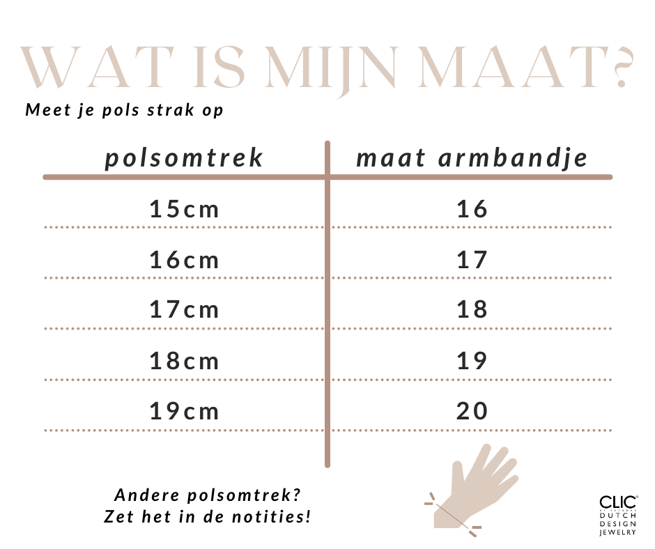 Een grafiek genaamd Wat is mijn maat? van CLIC Creations vergelijkt de polsomtrek (15–19 cm) met armbandmaten (16–20), met de elegante Thinking of You Armband Lapislazuli A716B. Het bevat notities voor andere polsmaten en een kleine handillustratie.