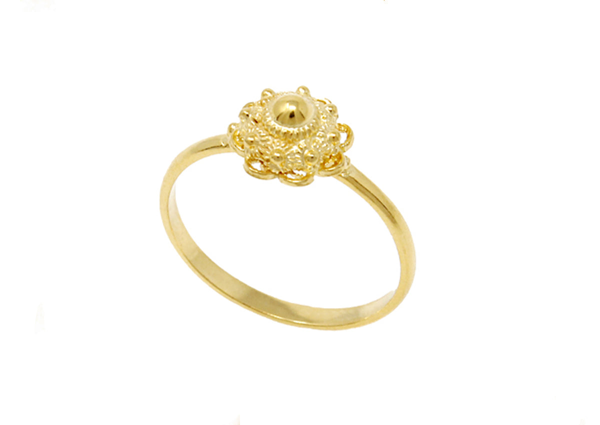 Ring aus Gold mit einer runden, strukturierten Zierde und einem zentralen Stein
