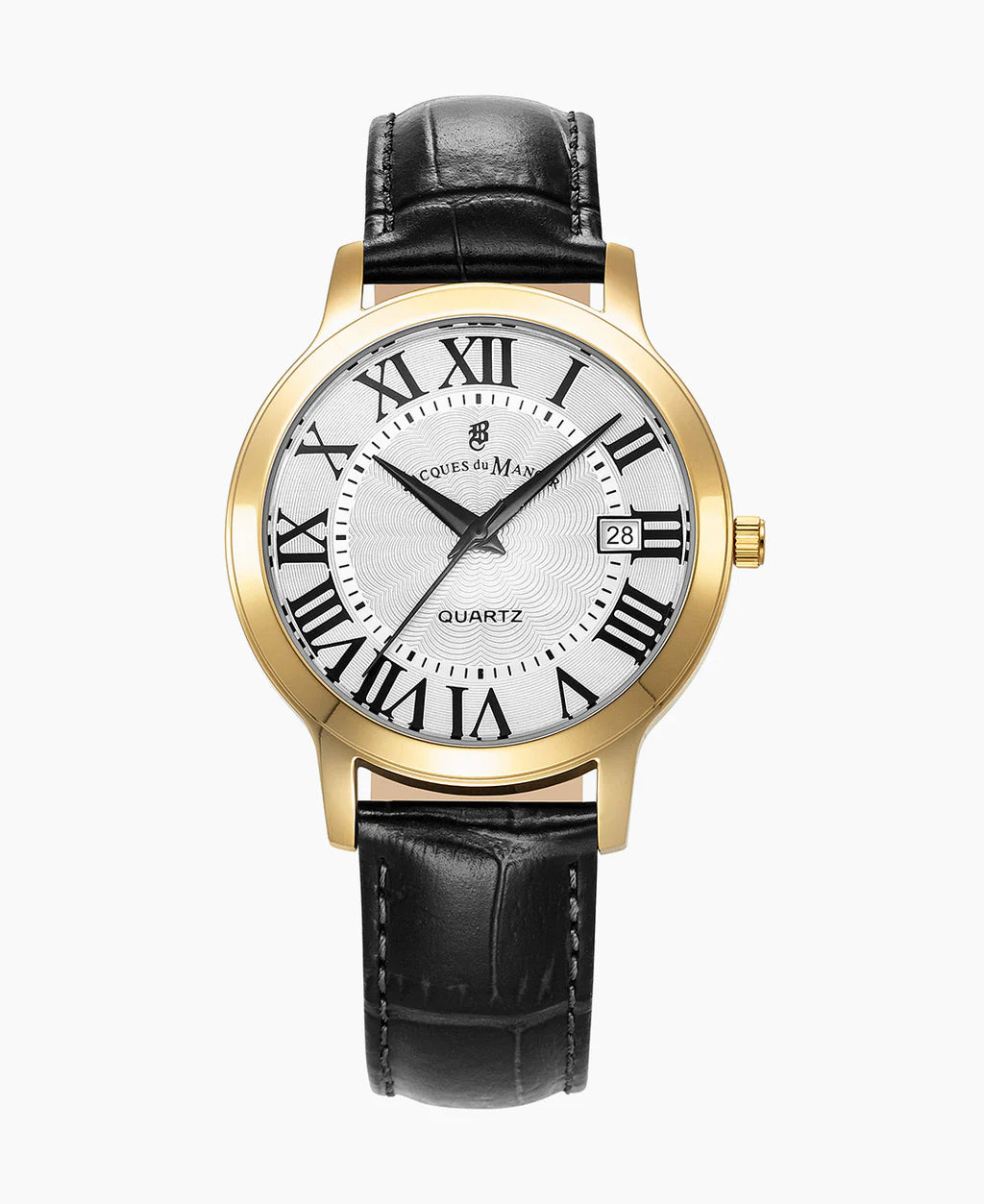 Herrenarmbanduhr mit silbernem Zifferblatt, goldfarbenem Gehäuse und schwarzem Lederarmband