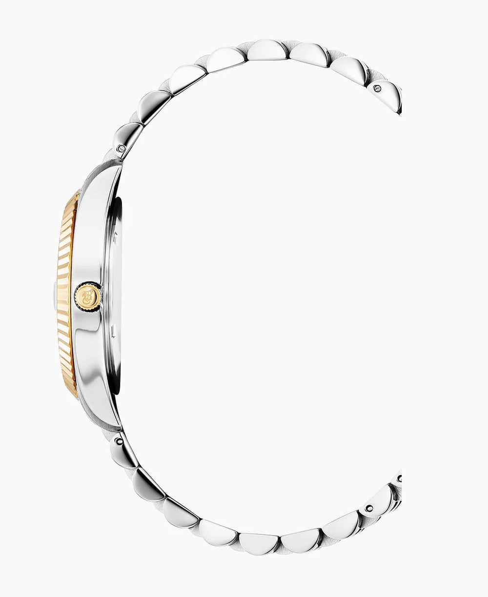 Zijaanzicht van de Jacques Du Manoir Inspiration 31mm dameshorloge met een zilver en goud metalen schakelband, met de nadruk op de kroon en kastdikte. De wijzerplaat is niet zichtbaar.