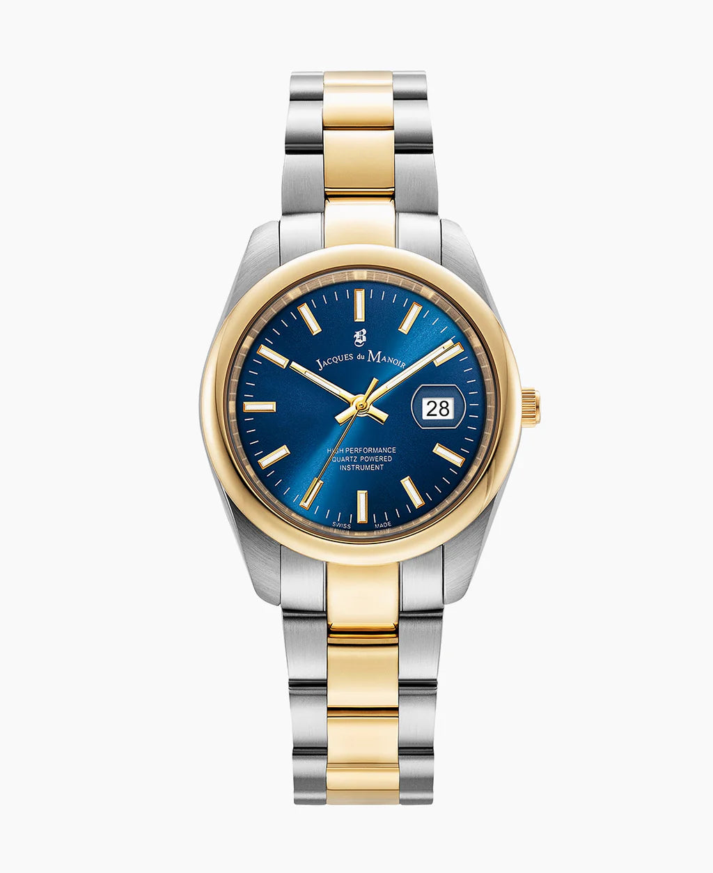 Uhr mit blauem Zifferblatt, silbernem und goldenem Gehäuse sowie Armband aus Edelstahl und Gold.