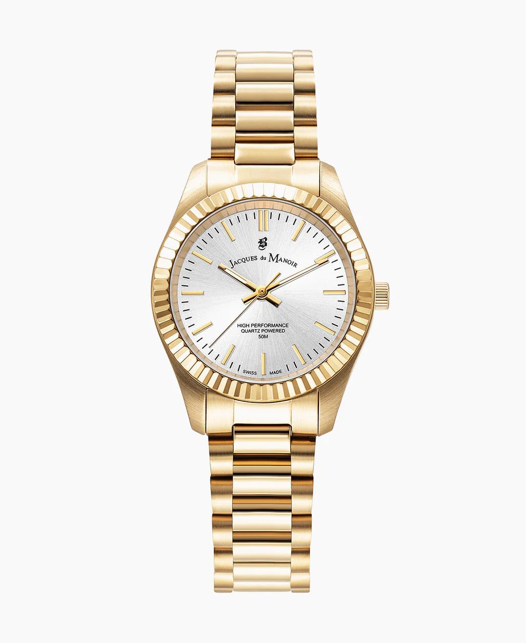 Uhr mit goldenem Gehäuse, silbernem Zifferblatt und goldenem Armband aus Gliedern