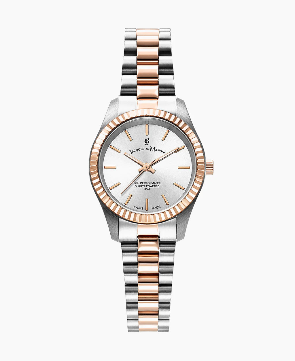 Uhr mit silbernem Zifferblatt, Edelstahl-Gehäuse und rosegoldener Lünette, Edelstahl-Mesh-Armband
