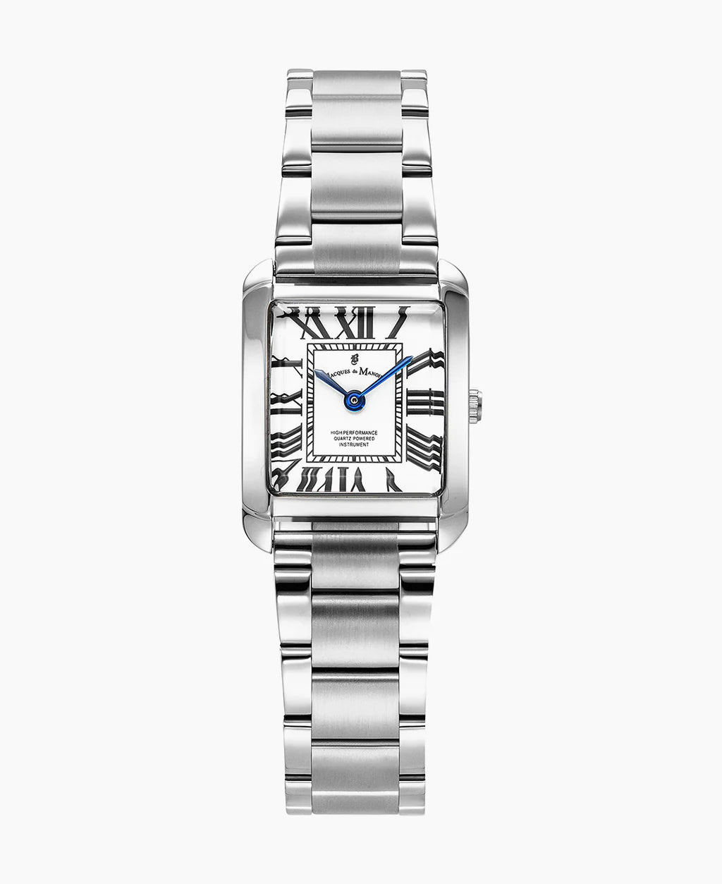 Uhr mit quadratischem Gehäuse, silbernem Armband und weißem Zifferblatt mit römischen Ziffern