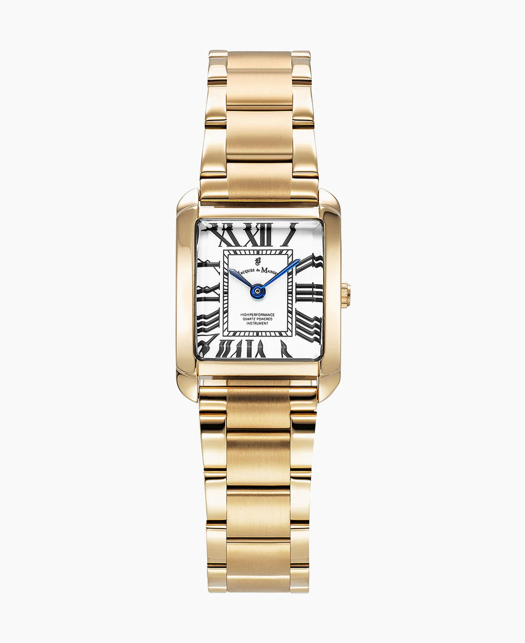Dameuhr mit goldfarbenem Gehäuse, weißem Zifferblatt und römischen Ziffern, Armband aus goldfarbenem Edelstahl