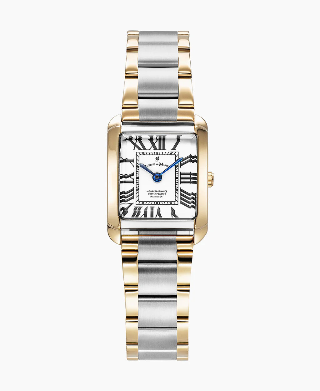 Uhr mit quadratischem Gehäuse, silbernem und goldenem Armband, weißem Zifferblatt mit römischen Ziffern