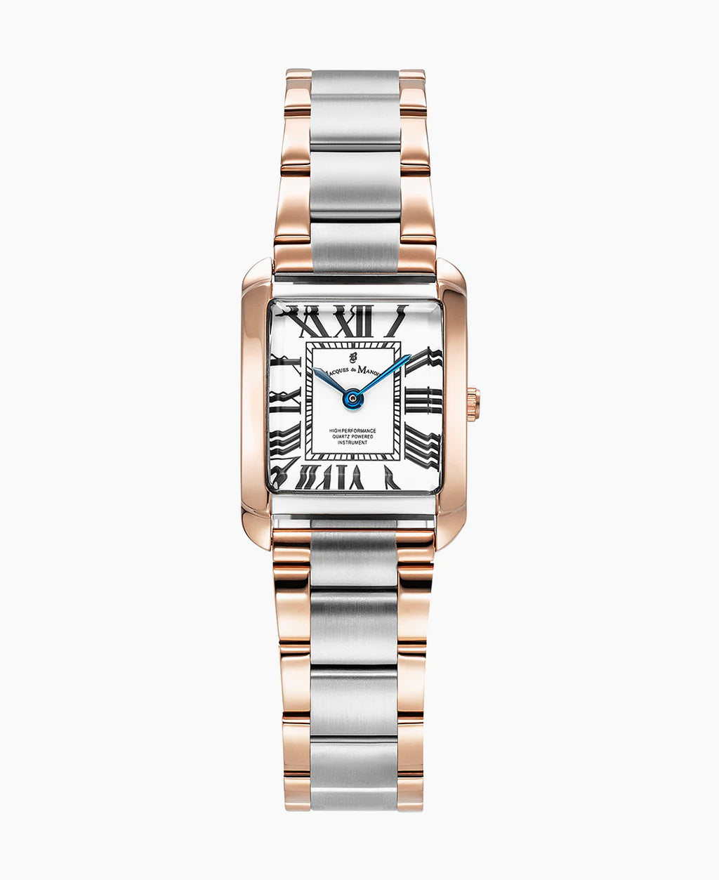 Uhr mit rechteckigem Gehäuse, silbernem und roségoldenem Armband, weißem Zifferblatt und römischen Ziffern
