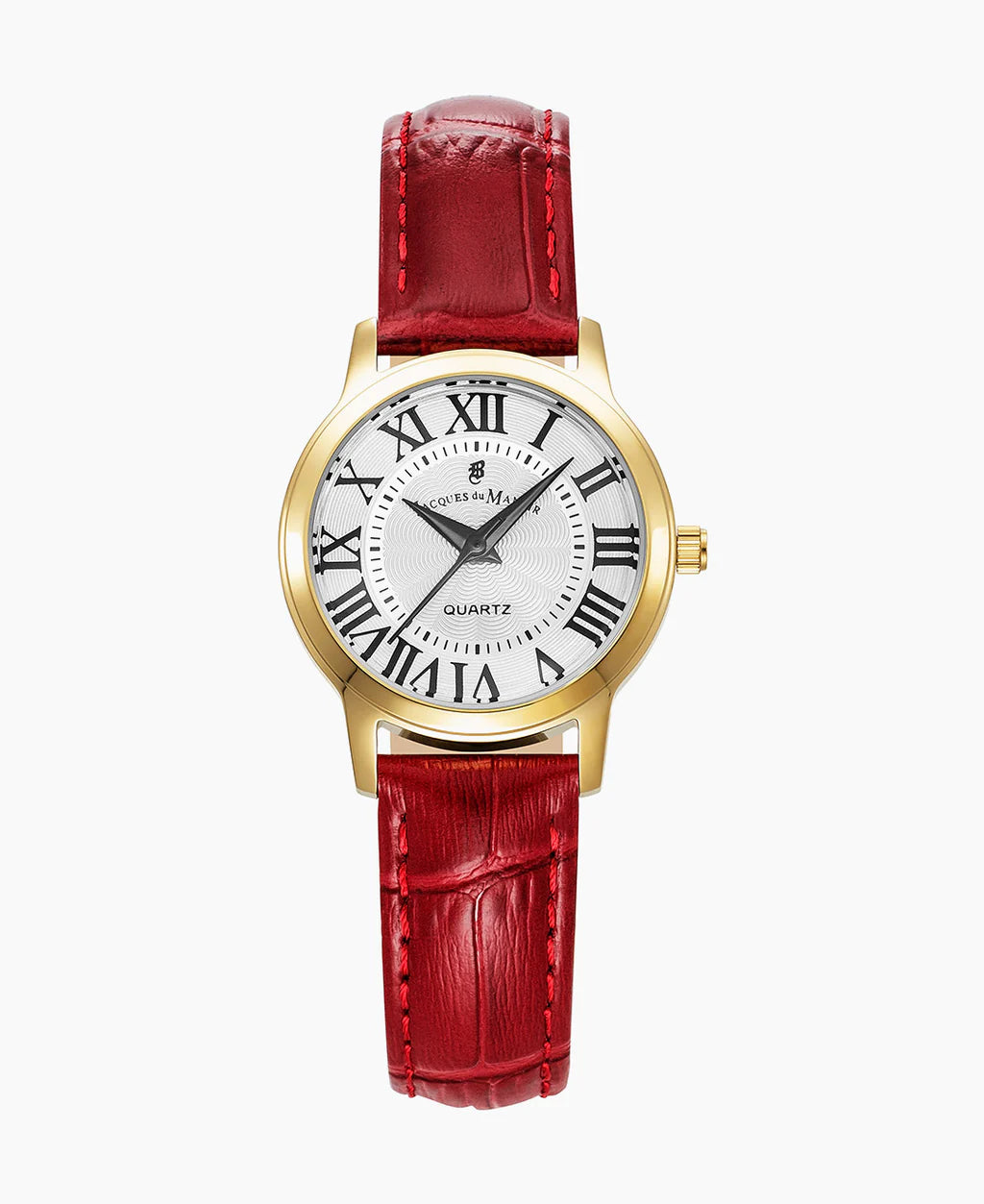 Dameuhr mit weißem Zifferblatt, goldfarbenem Gehäuse und rotem Lederarmband