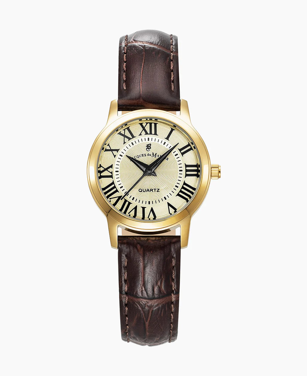 Damenarmbanduhr mit goldenem Gehäuse, beigem Zifferblatt und braunem Lederarmband