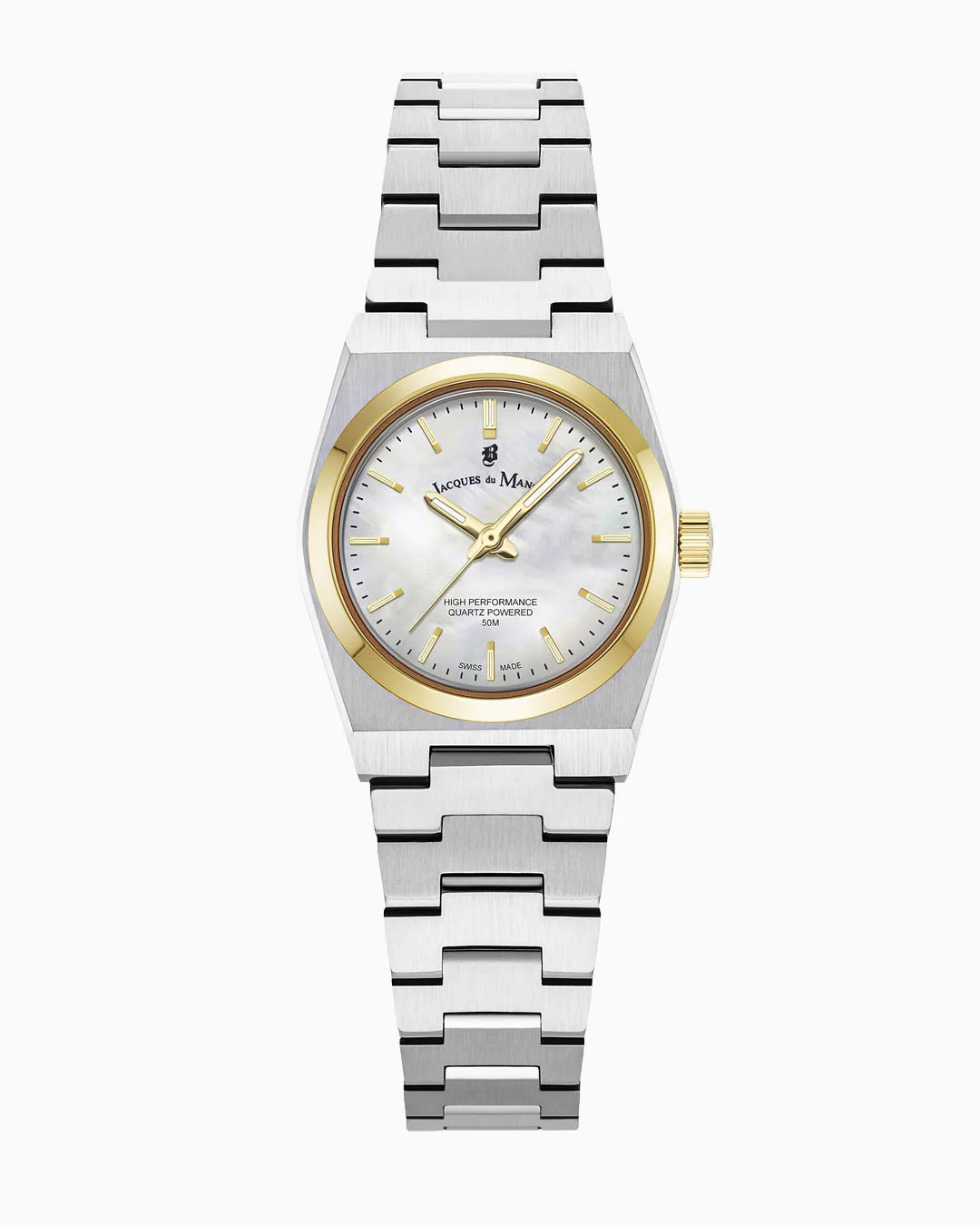 Uhr mit silbernem Armband, weißem Zifferblatt und goldenem Gehäuse.
