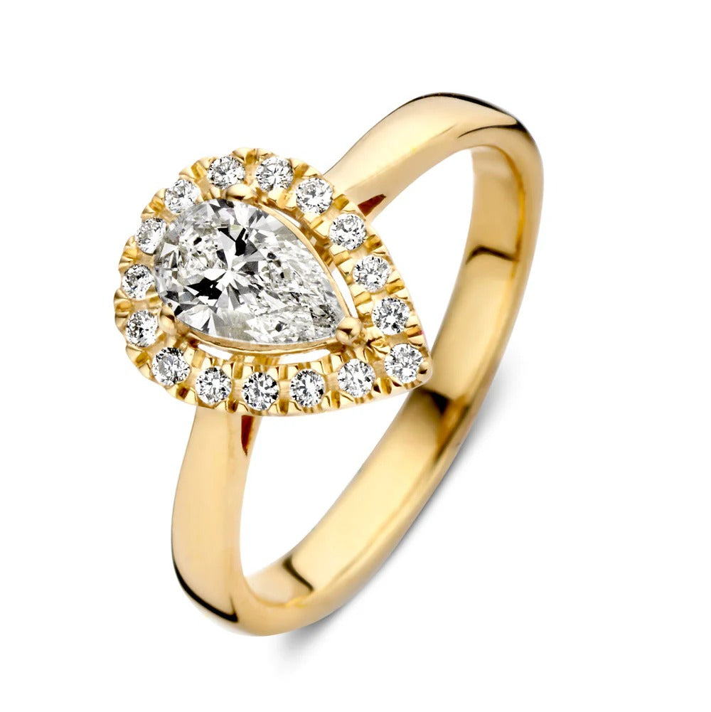 Ring aus 18 Karat Gelbgold mit tropfenförmigem Zirkonia und umlaufenden kleinen Steinen