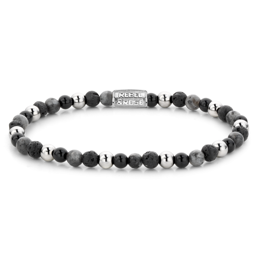 Kugelkette für Damen mit 4 mm großen schwarzen und weißen Perlen sowie silbernen Details