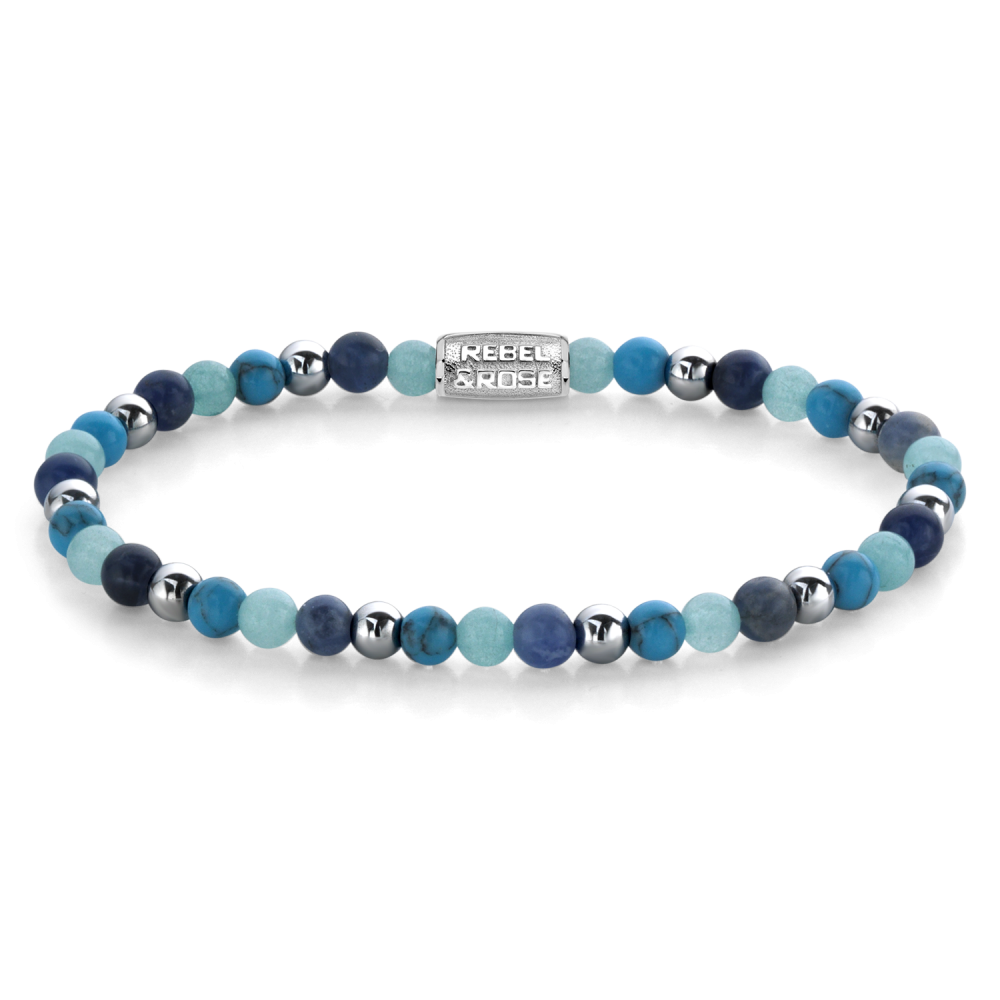 Kette mit blauen und aquamarinfarbenen Perlen sowie silbernen Akzenten