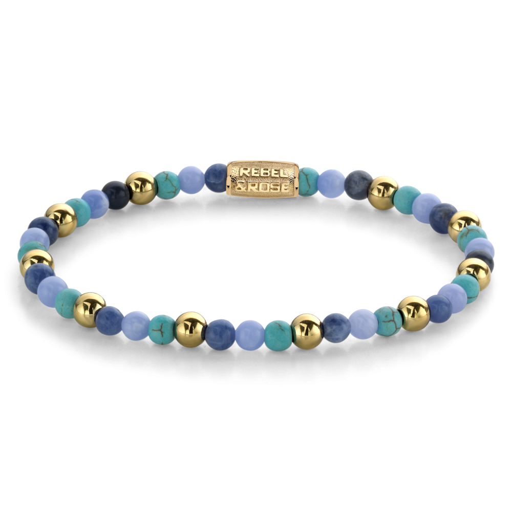 Kette aus 4 mm blauen und grünen Perlen mit goldenen Kugeln und einem goldenen Verschluss