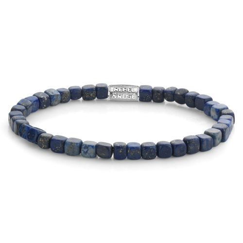 Herren Armband aus lapis lazuli mit 4 mm großen, quadratischen Perlen und silberner Zwischenplatte