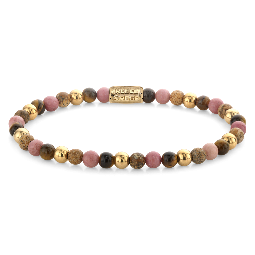 Kugelkette für Damen mit 18 ct gelbvergoldeten Perlen und rosa, schwarzen sowie goldenen Akzenten