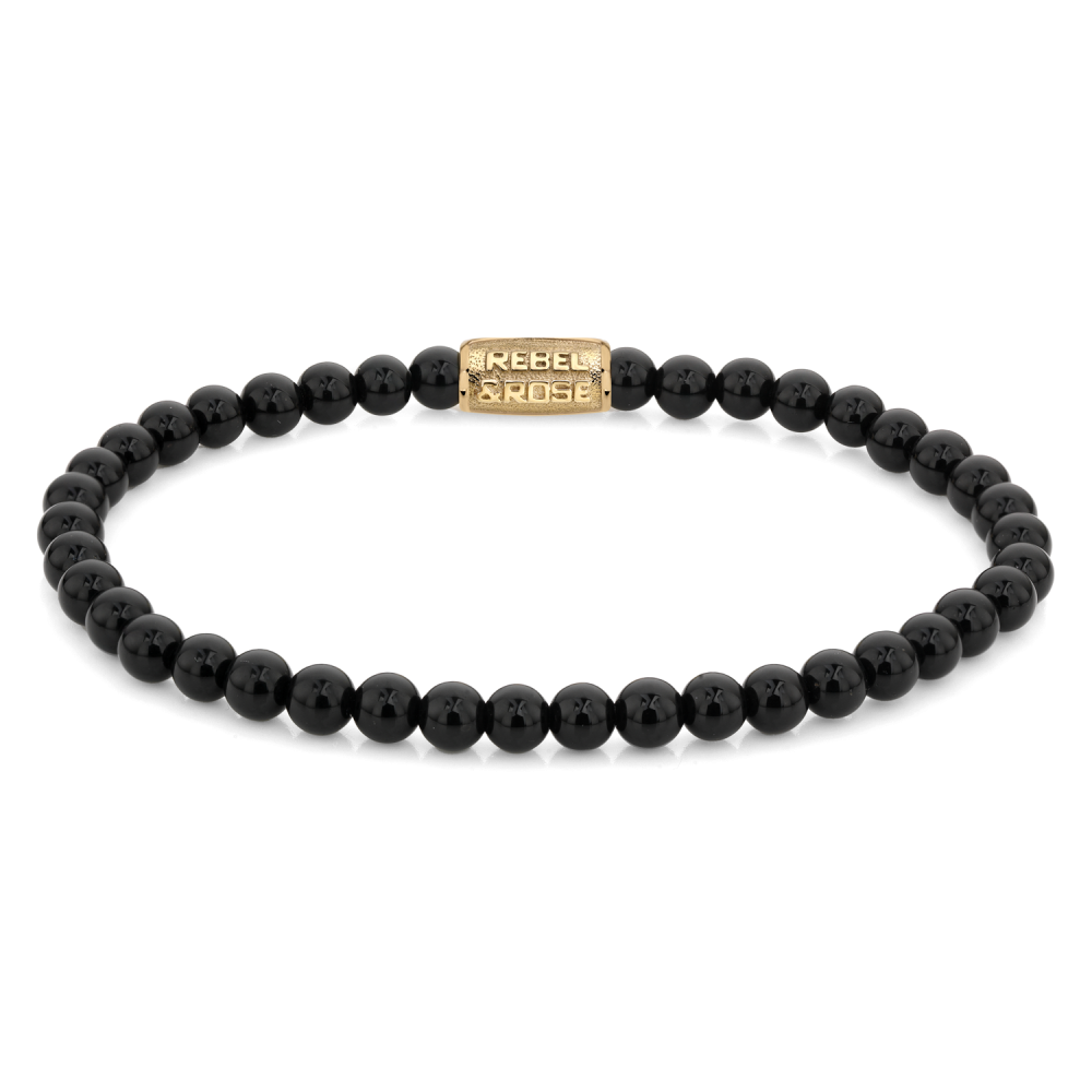 Schwarzes 4mm Perlenarmband für Damen mit goldener Verschlussplatte